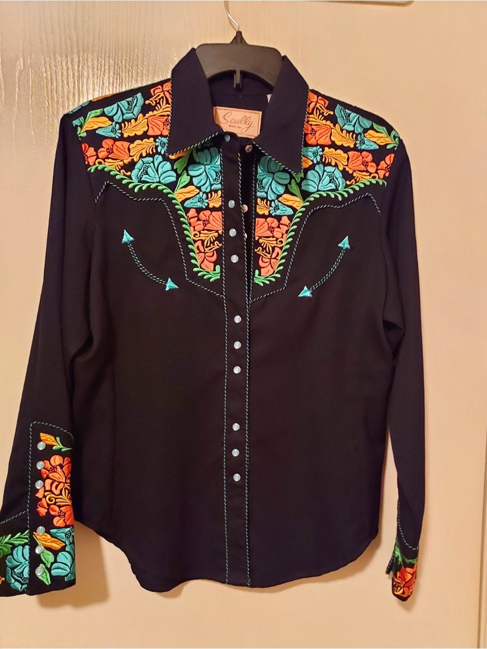 Scully Western Embroidered Snap Shirt Black Floral Long Sleeve